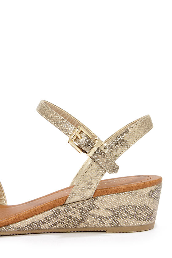 Cute Gold Shoes - Snakeskin Sandals - Wedge Sandals - $22.00