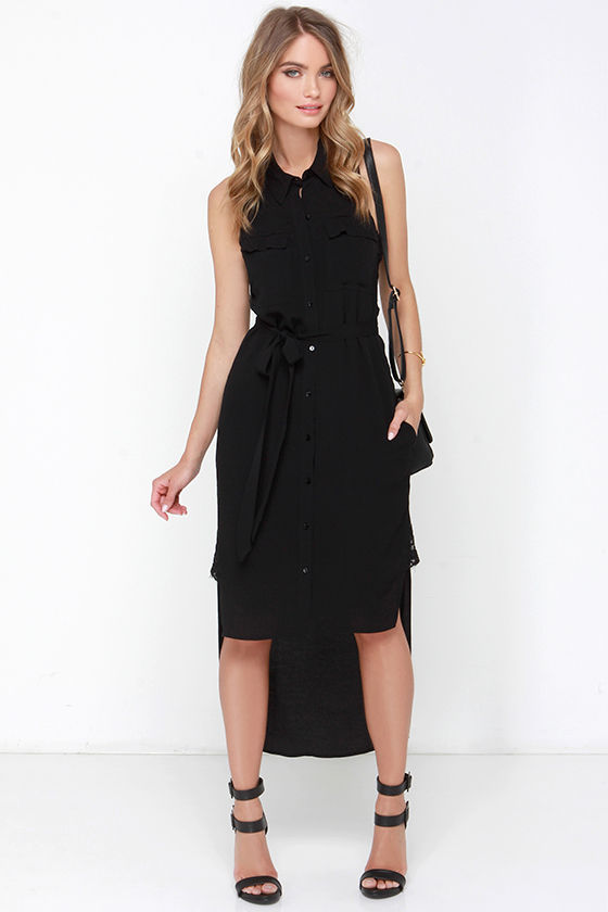Chic Black Dress HighLow Dress Buttonup Dress 108.00 Lulus
