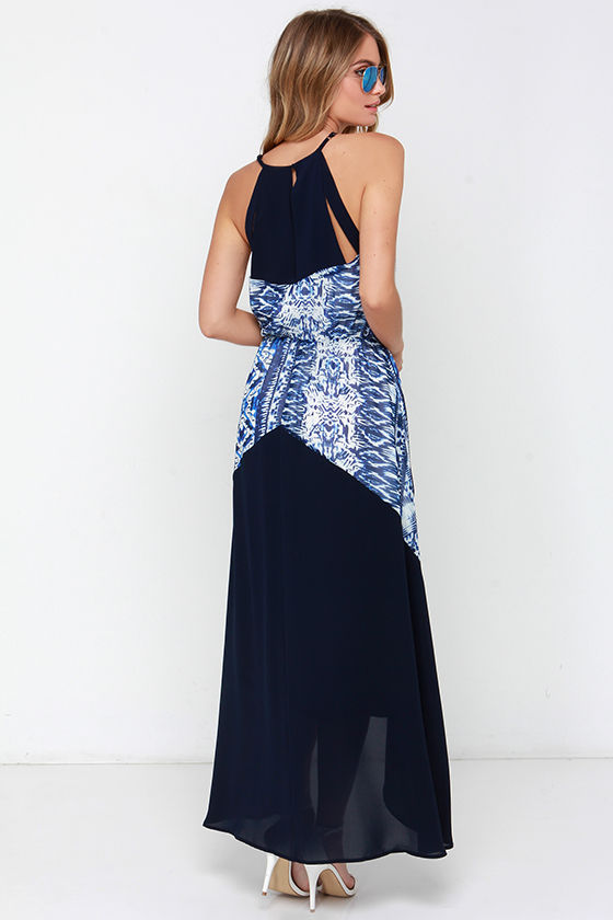 Chic Navy Blue Print Dress - High-Low Dress - Halter Dress - $111.00