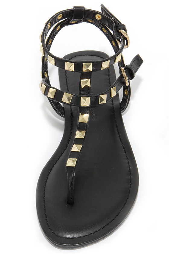 Cool Black Sandals - Gold Studded Sandals - Vegan Leather Sandals - $21.00