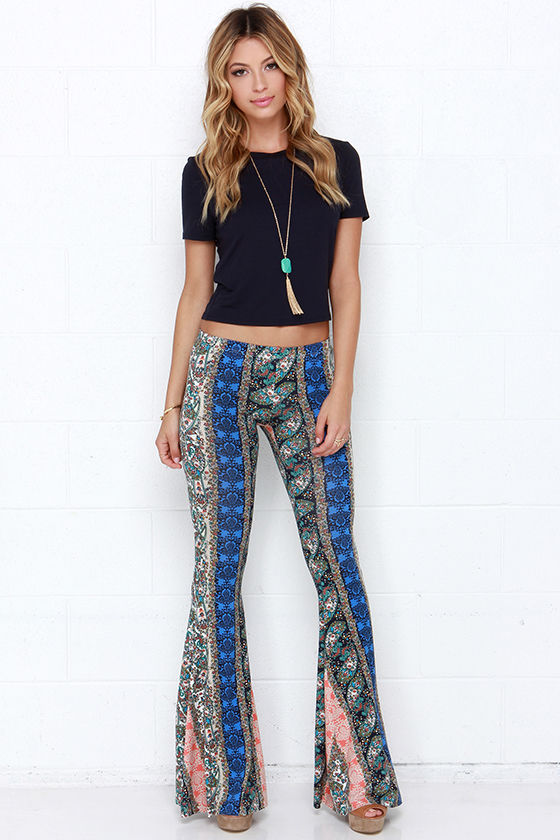 Boho Flare Pants - Blue and Coral Print Pants - $36.00 - Lulus