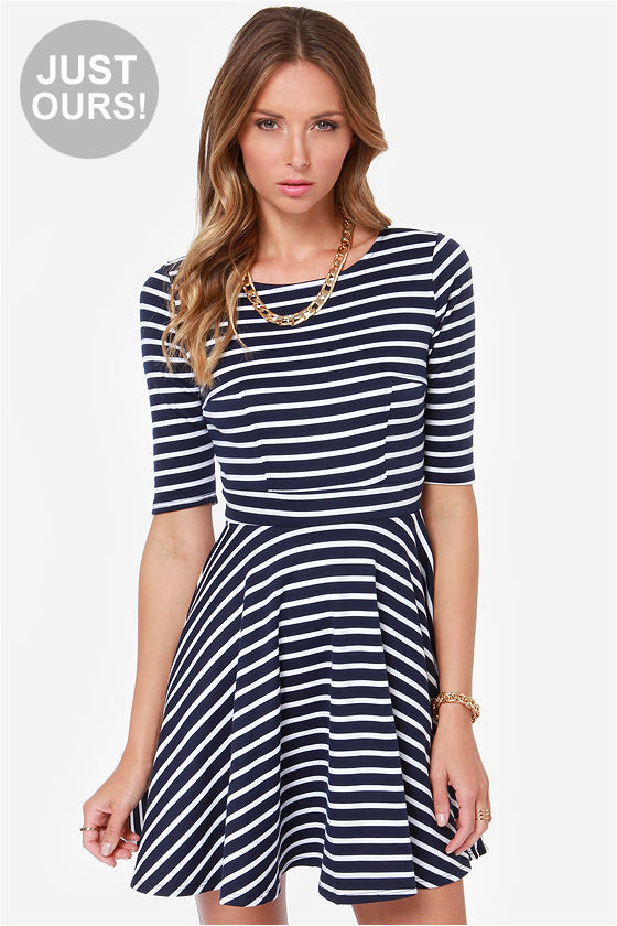 dark blue and white striped dress