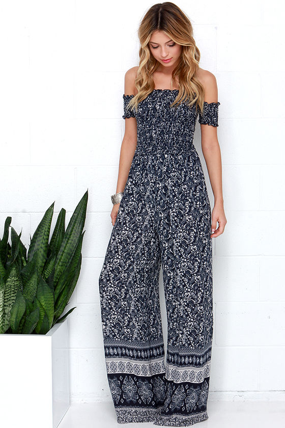 Navy Blue Jumpsuit - Paisley Print Jumpsuit - Strapless Jumpsuit - $62.00