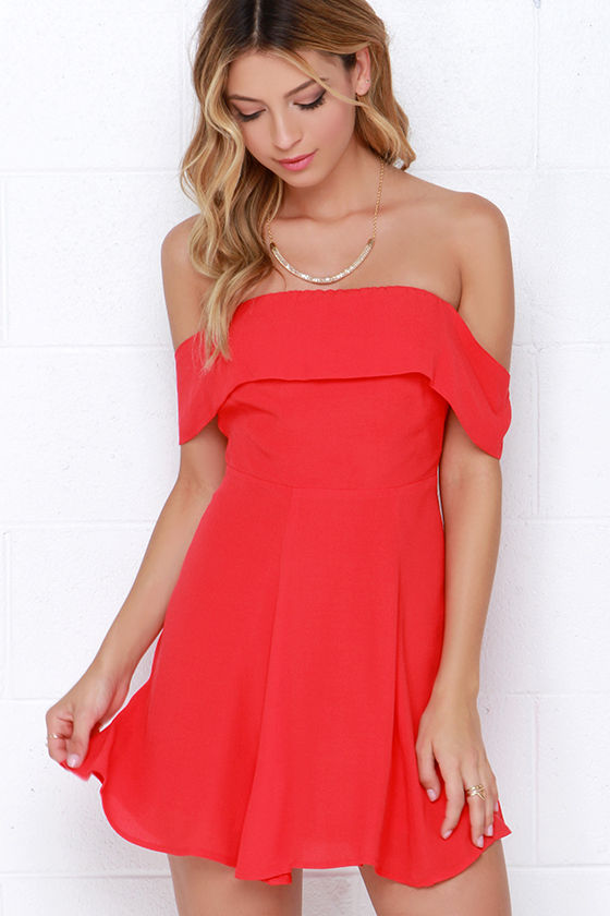 coral off the shoulder dress