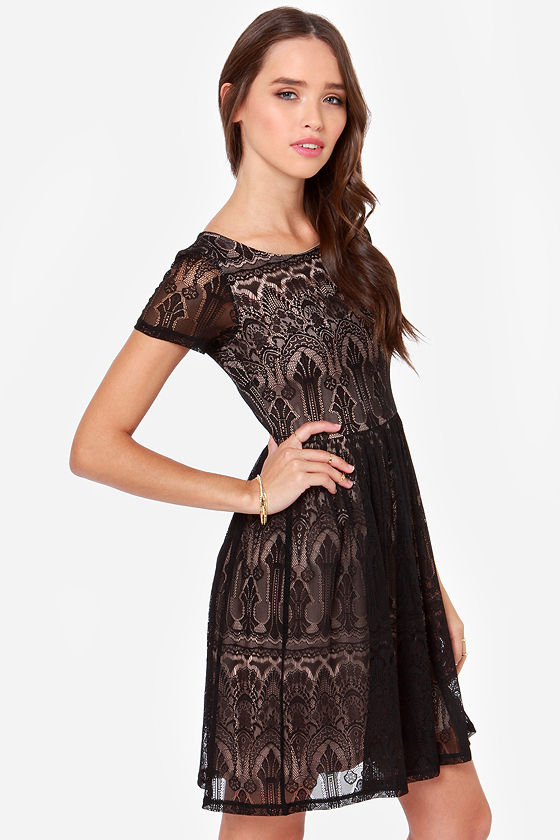 Elegant Black Dress - Lace Dress - Short Sleeve Dress - $67.00