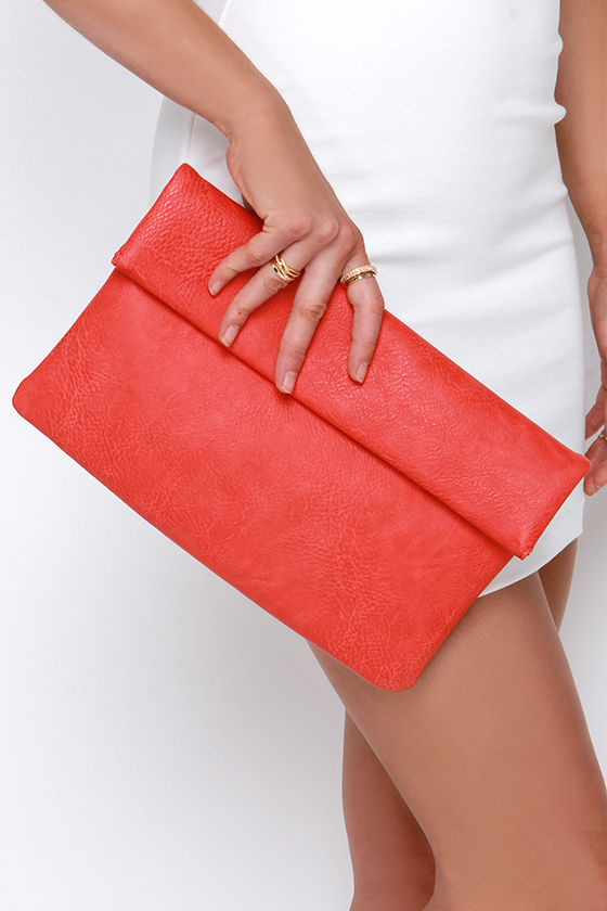 Cute Coral Red Clutch Rolled Clutch Vegan Leather Clutch 29.00