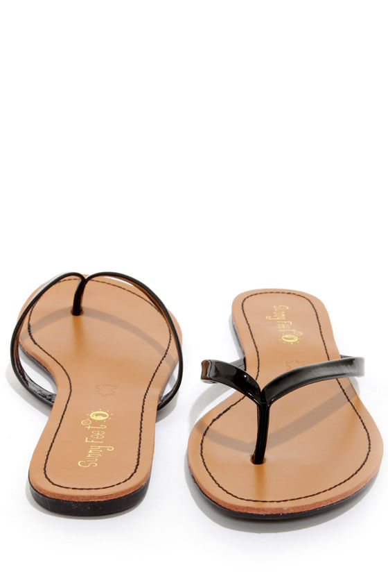 patent black flip flops
