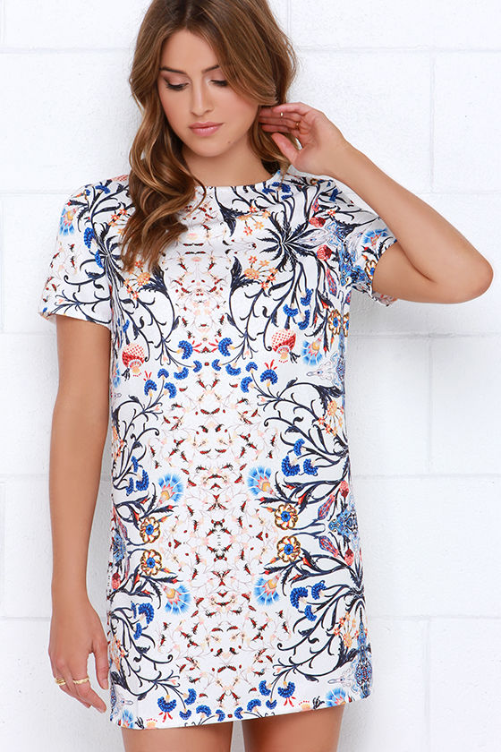 3/4 SLEEVE BAROQUE FLORAL SHIFT DRESS - FUCHSIA/ORANGE