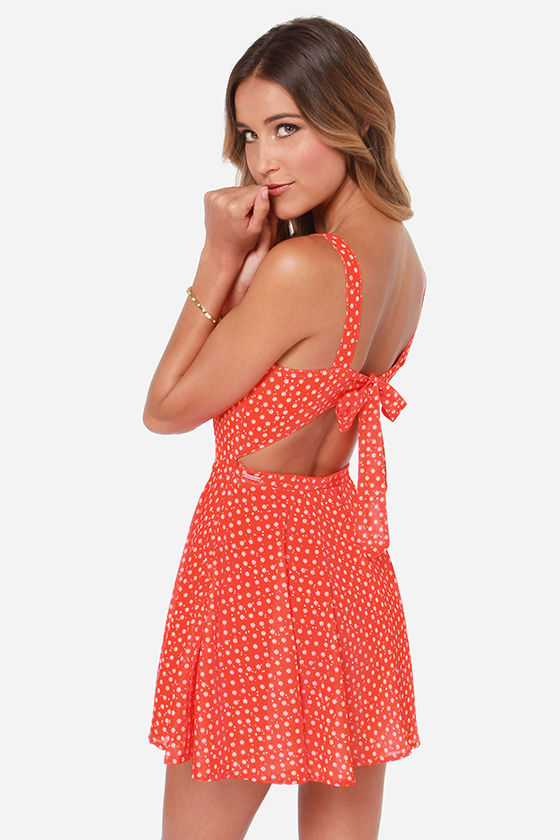 Rhythm Polka Daisy Dress - Red Orange Dress - Daisy Print Dress - $76. ...