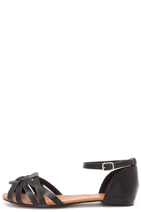 black ankle strap flat sandals