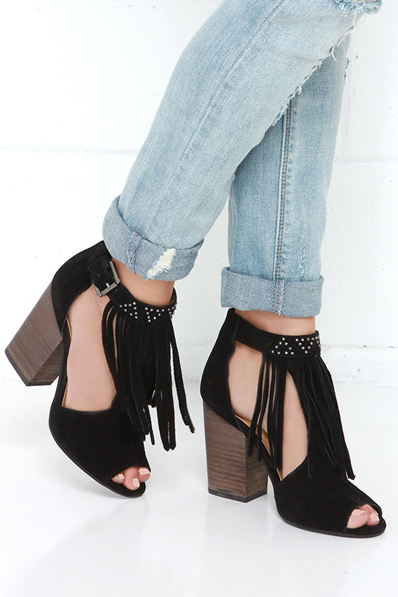 Chinese Laundry Boho Black Suede Leather Fringe Booties 2