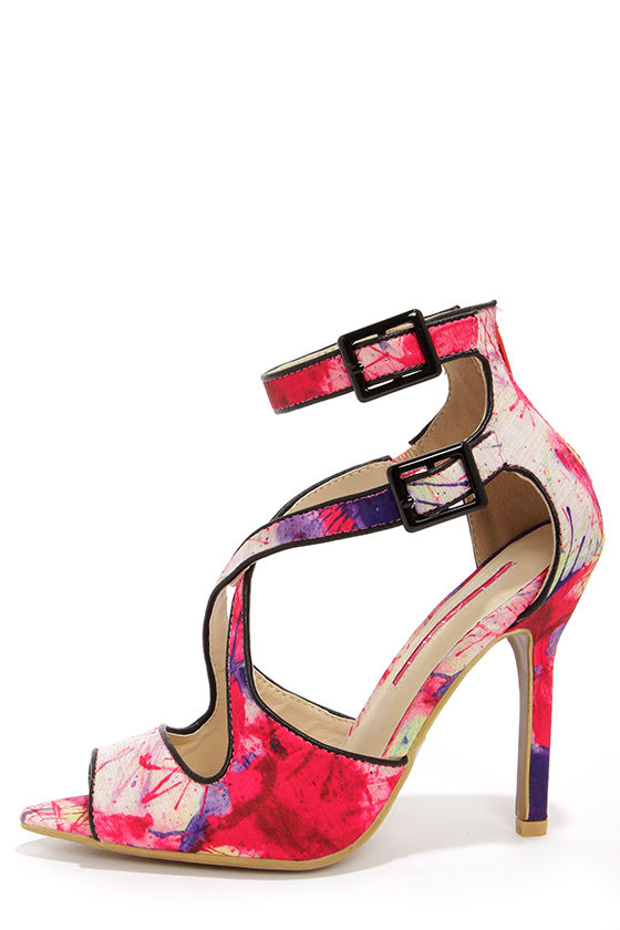 Fuchsia Pink Stilettos Ankle Strap Strappy Sandals High H - SilkFred
