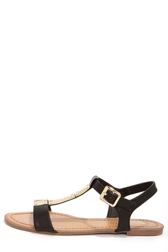 Restricted Text Black and Gold T Strap Sandals