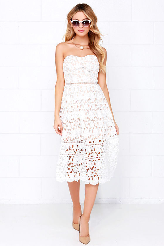 strapless lace midi dress