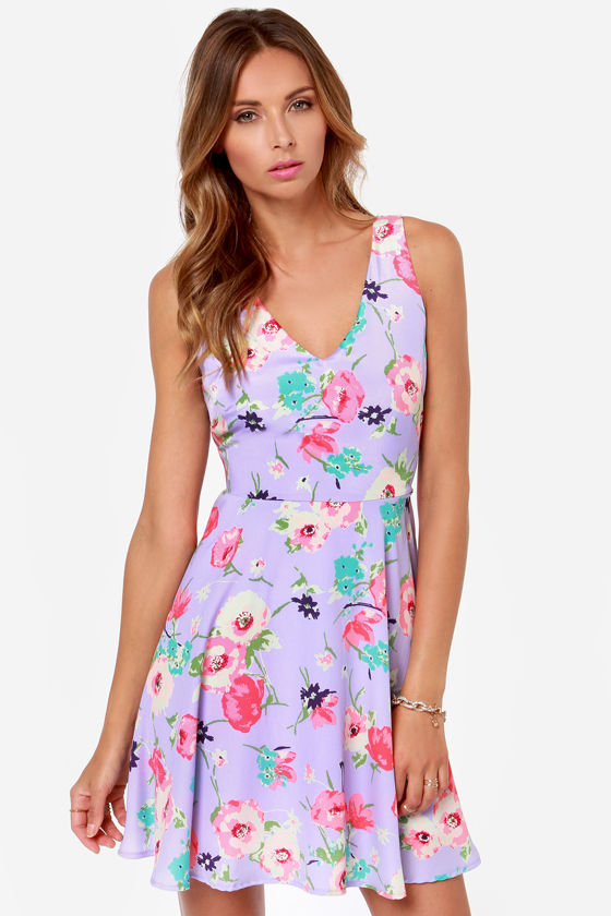 white dress with lavender flowers