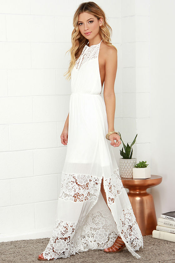White lace halter maxi dress cheap