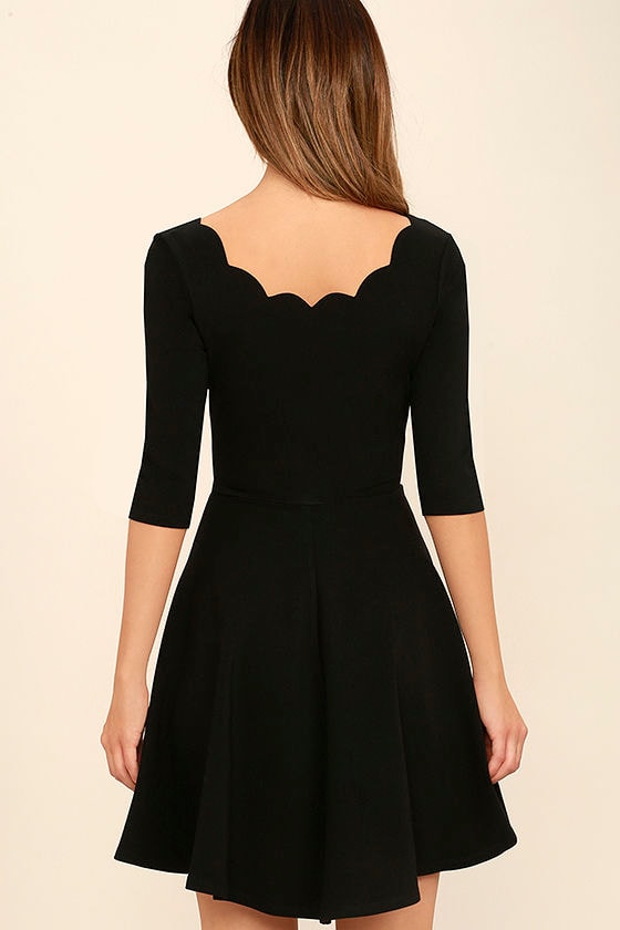 Little Black Dress - Scalloped Dress - Skater Dress - $46.00