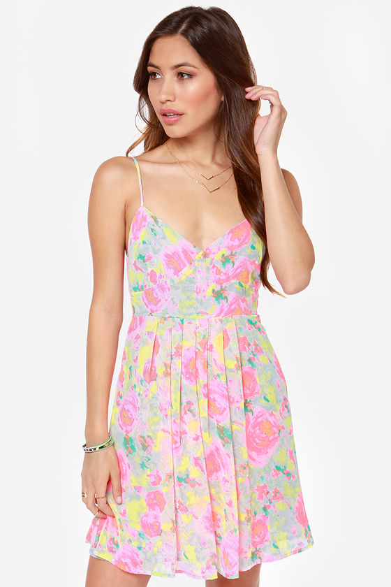 Cute Neon Pink Dress Floral Print Dress Neon Dress 34.00 Lulus