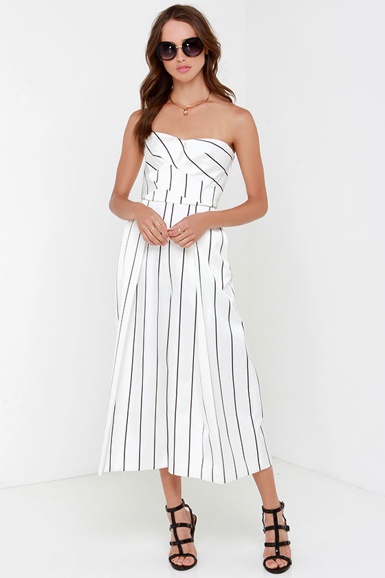 black and white striped strapless jumpsuit