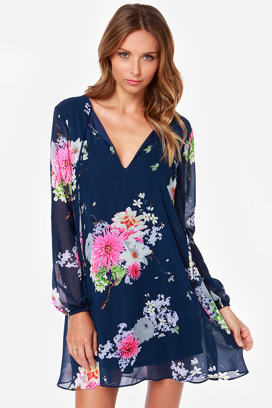 Pretty Navy Blue Dress - Floral Print Dress - Shift Dress - $40.00 - Lulus