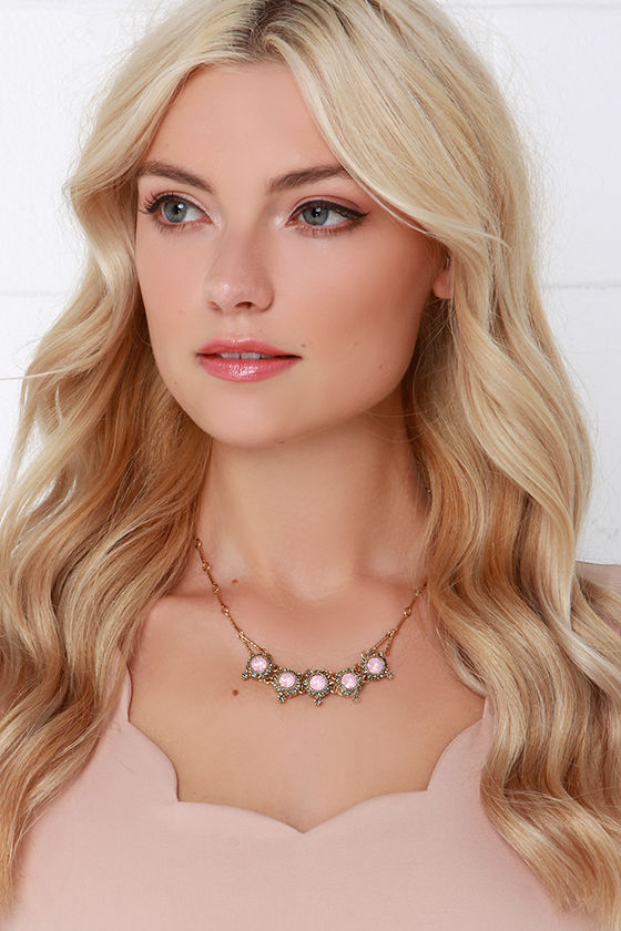 Lovely Pink Rhinestone Necklace - Gold and Pink Necklace - $13.00 - Lulus