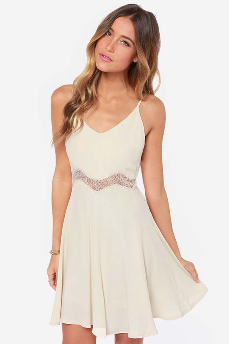 slim fit dress slacks Authentic Cream Crewneck Long Sleeve Fit and Flare Dress main image 1