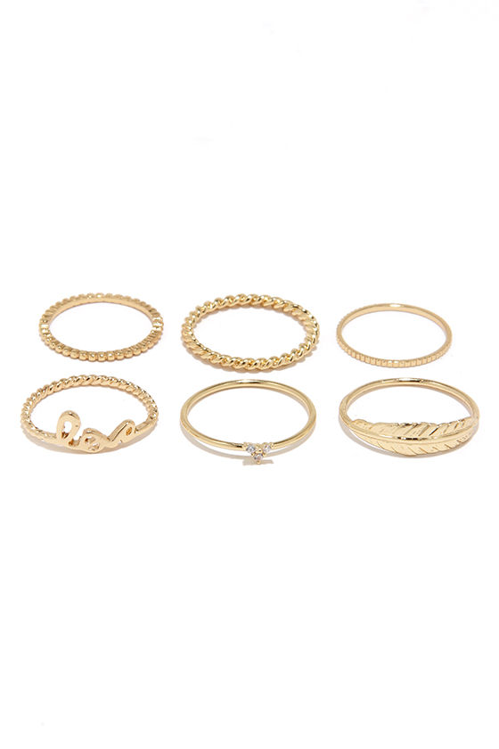 Cute Gold Ring Set Love Ring Feather Ring Midi Rings 19.00