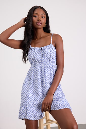 Grecian Getaway Blue and White Print Mini Dress 1