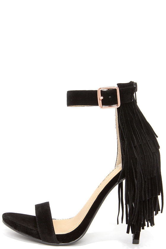 black high heels with fringe