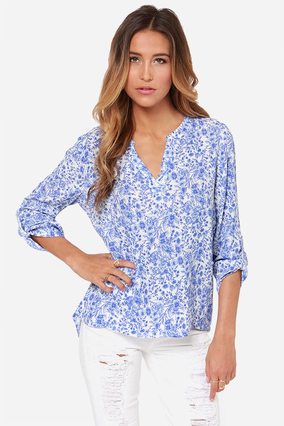 Pretty Floral Print Top Blue Top Ivory Top V Neck 44.00 Lulus