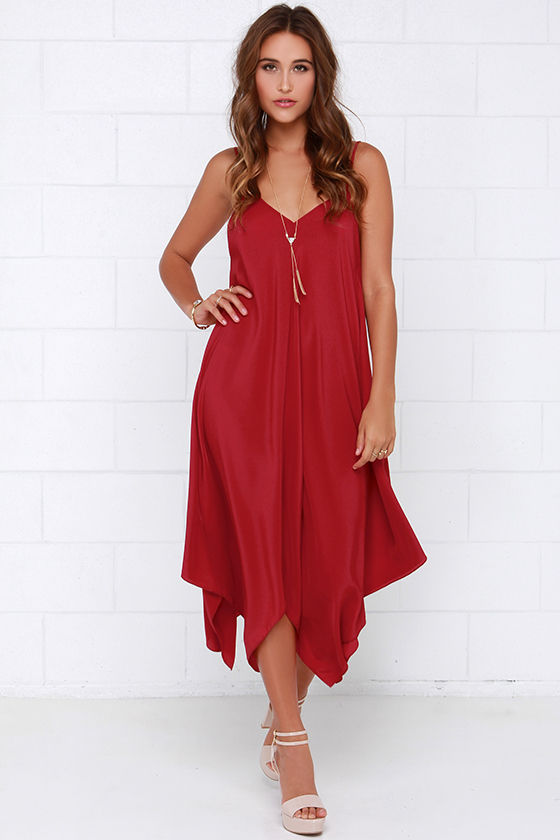 Cute Wine Red Dress - Midi Dress - $74.00