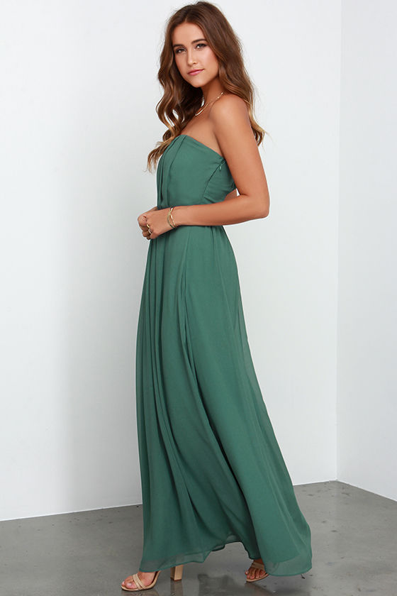 Dark Sage Green Dress - Maxi Dress - Strapless Gown - $99.00