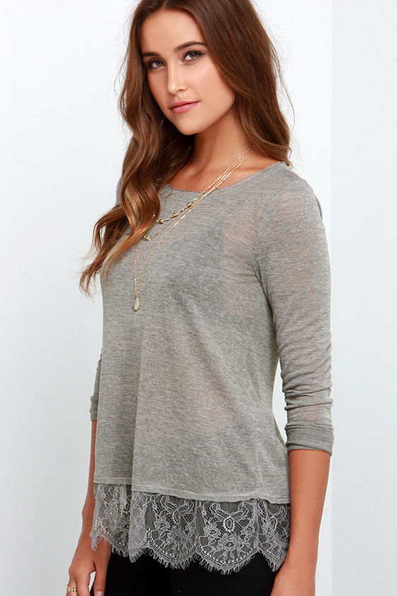 Lovely Grey Top - Long Sleeve Top - Lace Top - $47.00