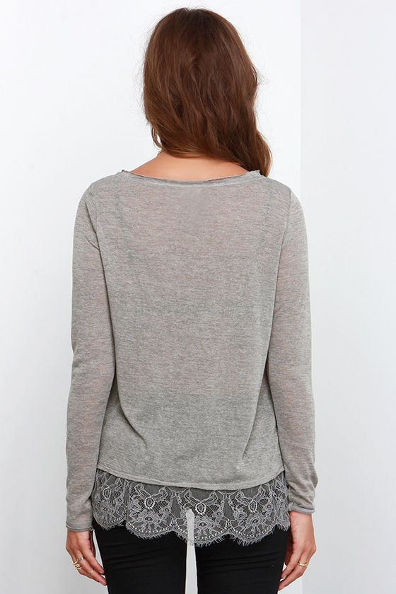 Lovely Grey Top Long Sleeve Top Lace Top 47.00