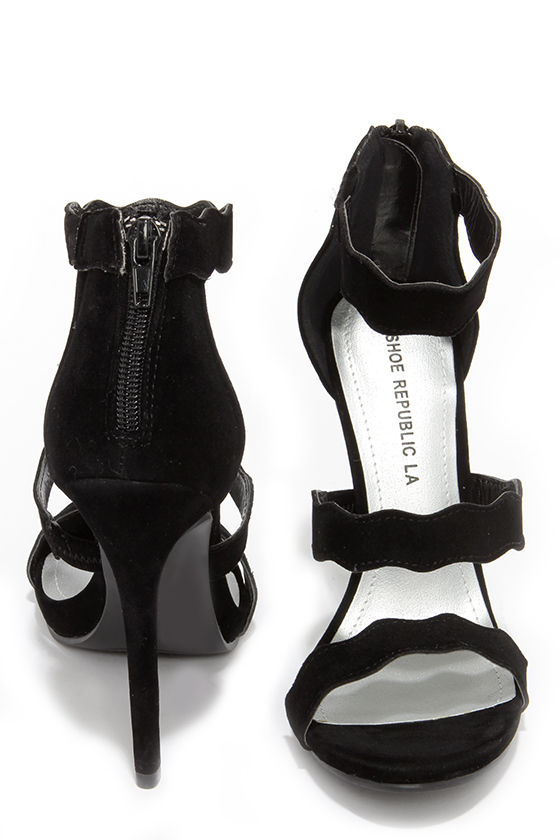 Cute Black Heels - Dress Sandals - Scalloped Heels - Triple Strap Heels ...