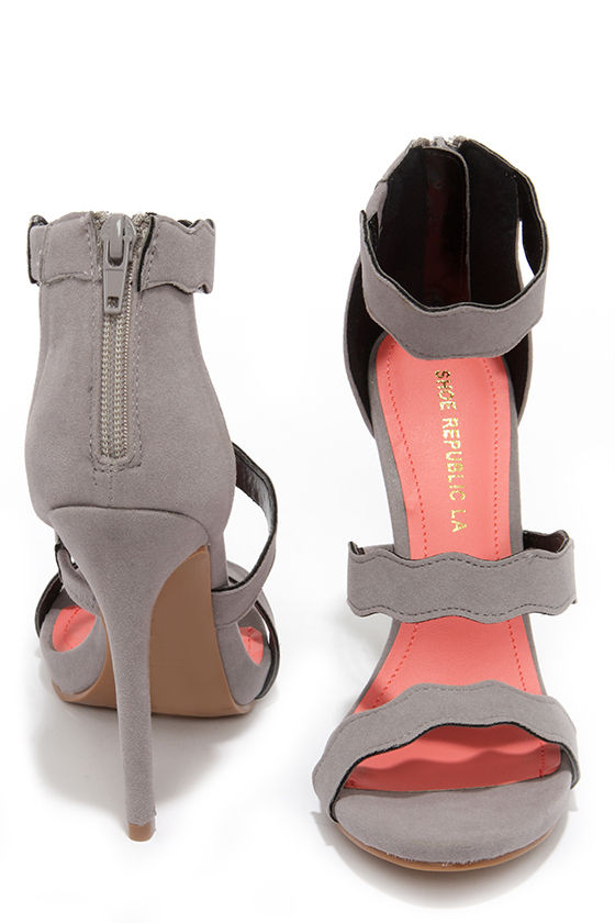 Cute Grey Heels Dress Sandals Scalloped Heels Triple Strap Heels