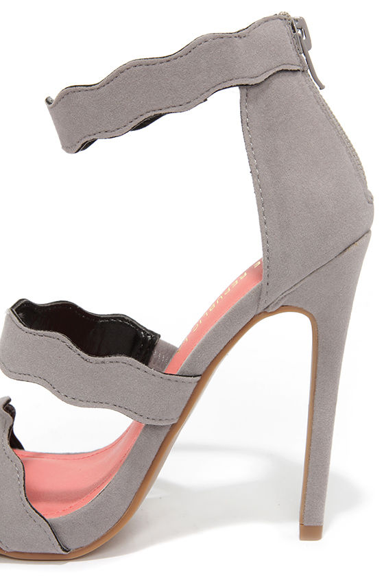 Cute Grey Heels Dress Sandals Scalloped Heels Triple Strap Heels