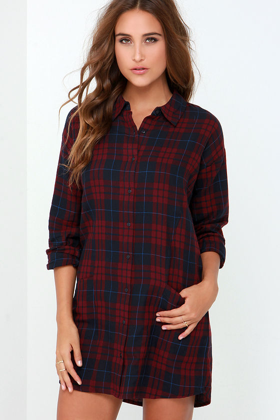 Wine Red Plaid Dress - Shirt Dress - Long Sleeve Dress - $63.00 - Lulus