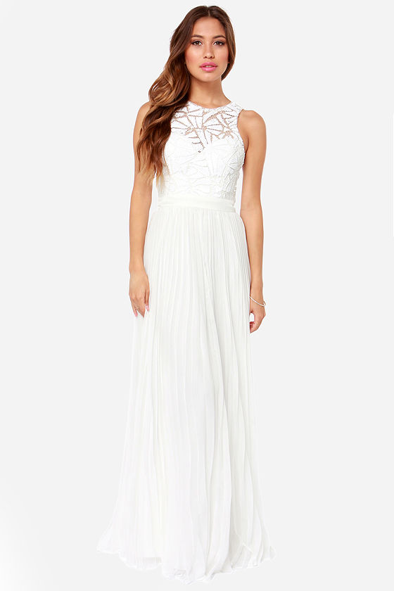 Gorgeous Off White Dress - Maxi Dress - Sequin Dress - Pleated Dress ...