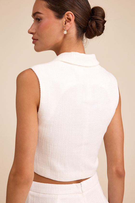 Perfect Company Ivory Tweed Sleeveless Cropped Blazer - thumbnail 4