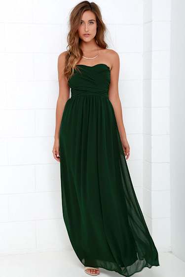 Lovely Dark Green Dress Strapless Dress Maxi Dress