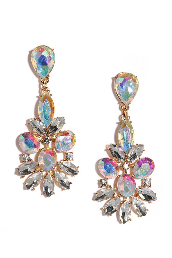 Beautiful Gold Rhinestone Earrings Statement Earrings Iridescent