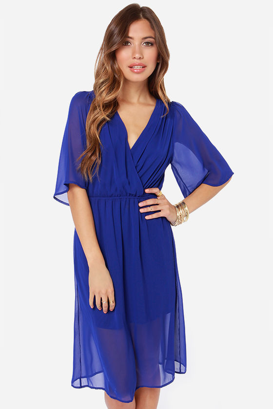 Pretty Royal Blue Dress - Sleeved Dress - Midi Dress - $47.00 - Lulus