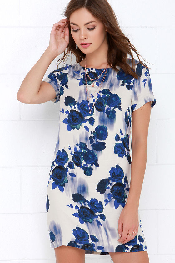 blue floral shift dress