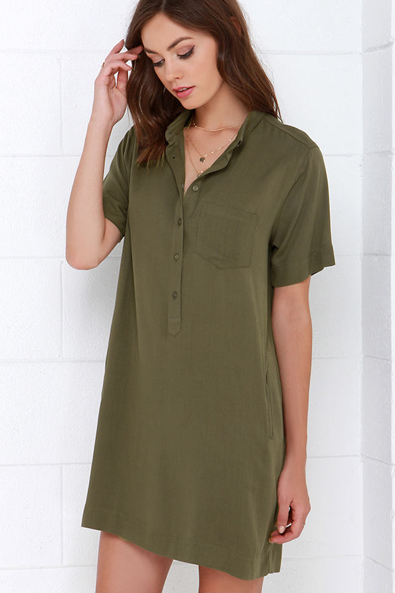 Cute Olive Green Dress  Shift Dress  Shirt  Dress  38 00