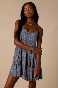 Sitting in the Sun Navy Blue Floral Print Ruffled Babydoll Dress 1