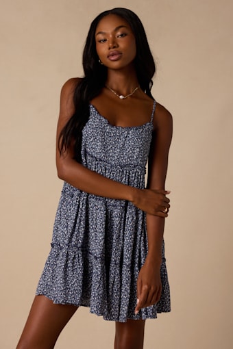 Sitting in the Sun Navy Blue Floral Print Ruffled Babydoll Dress 1