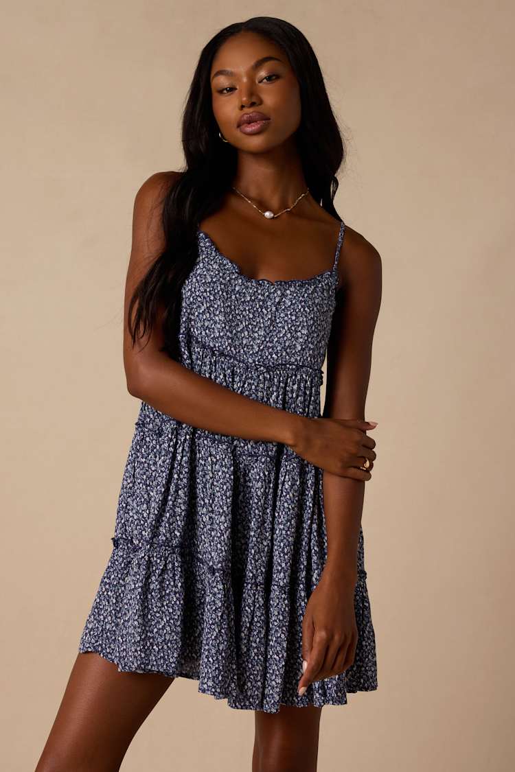 Navy Blue Floral Print Ruffled Babydoll Dress | Womens | Medium (Available in XXS, XS, S, L, XL) | 100% Rayon | Lulus Navy Blue Floral Print Ruffled Babydoll Dress | Womens | Medium (Available in XXS, XS, S, L, XL) | 100% Rayon | Lulus