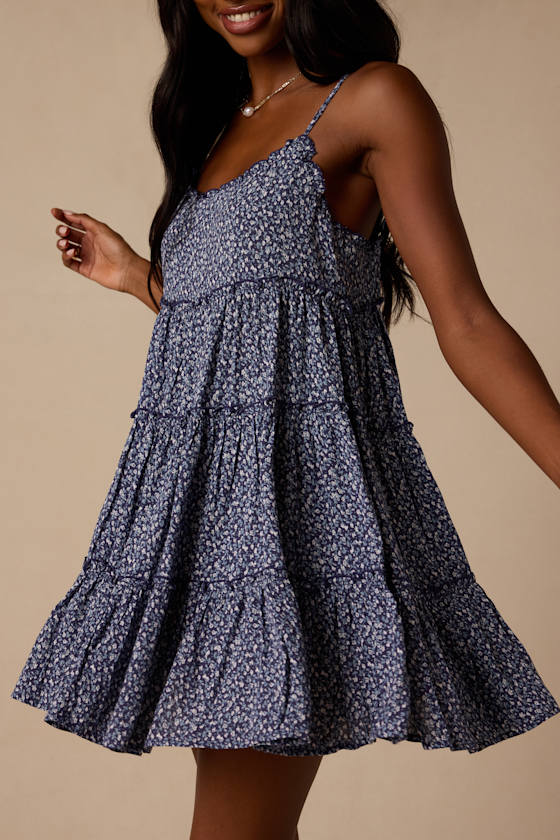 Sitting in the Sun Navy Blue Floral Print Ruffled Babydoll Dress 2