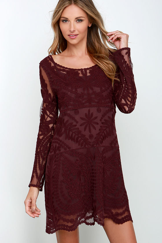 burgundy lace overlay dress